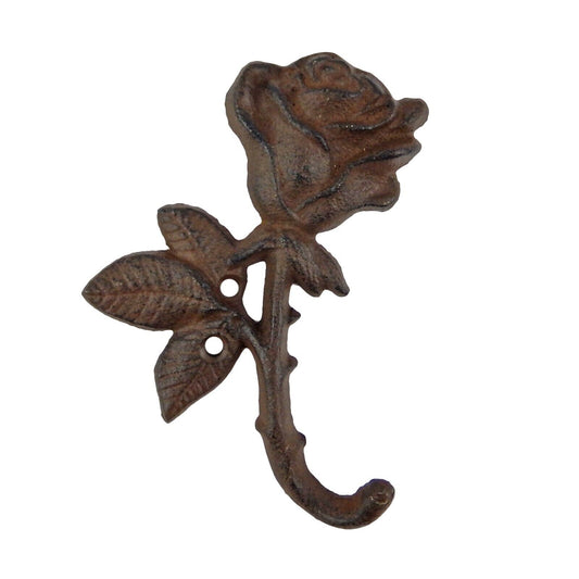 Cast Iron Rose Flower Wall Hook Key Towel Coat Hanger Rustic Brown 5 1/2 inch