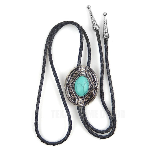 Real Turquoise Bolo Tie Natural Stone Maltese Cross 40 inch Genuine Leather Cord