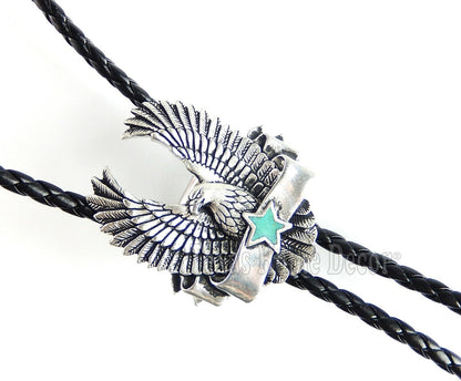 Eagle Bolo Tie Turquoise Star Detailed Tips Adjustable 38" Cord USA Made