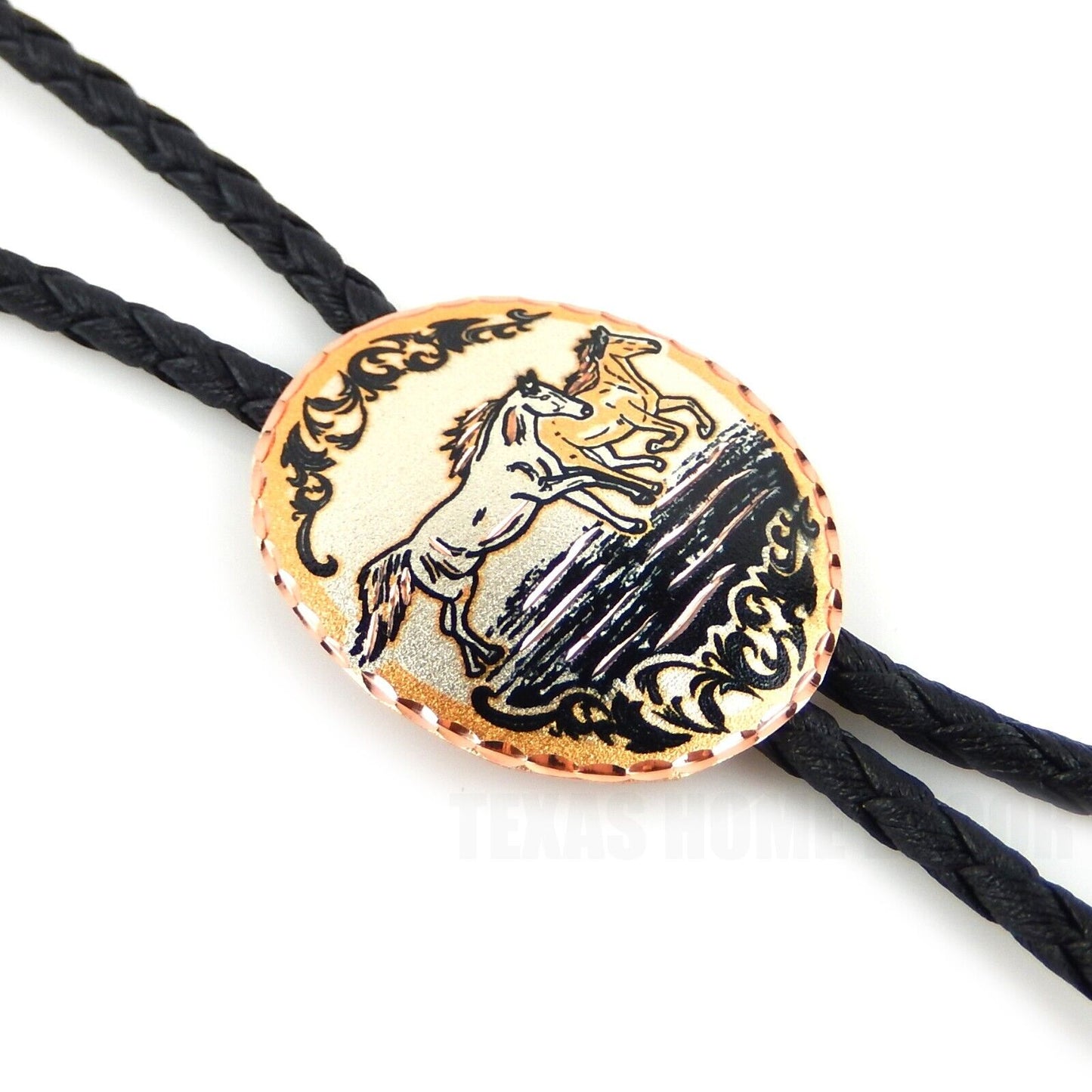 Running Horses Bolo Tie Silver Plated Copper Oval Diamond Cuts 38" Cord USA Made