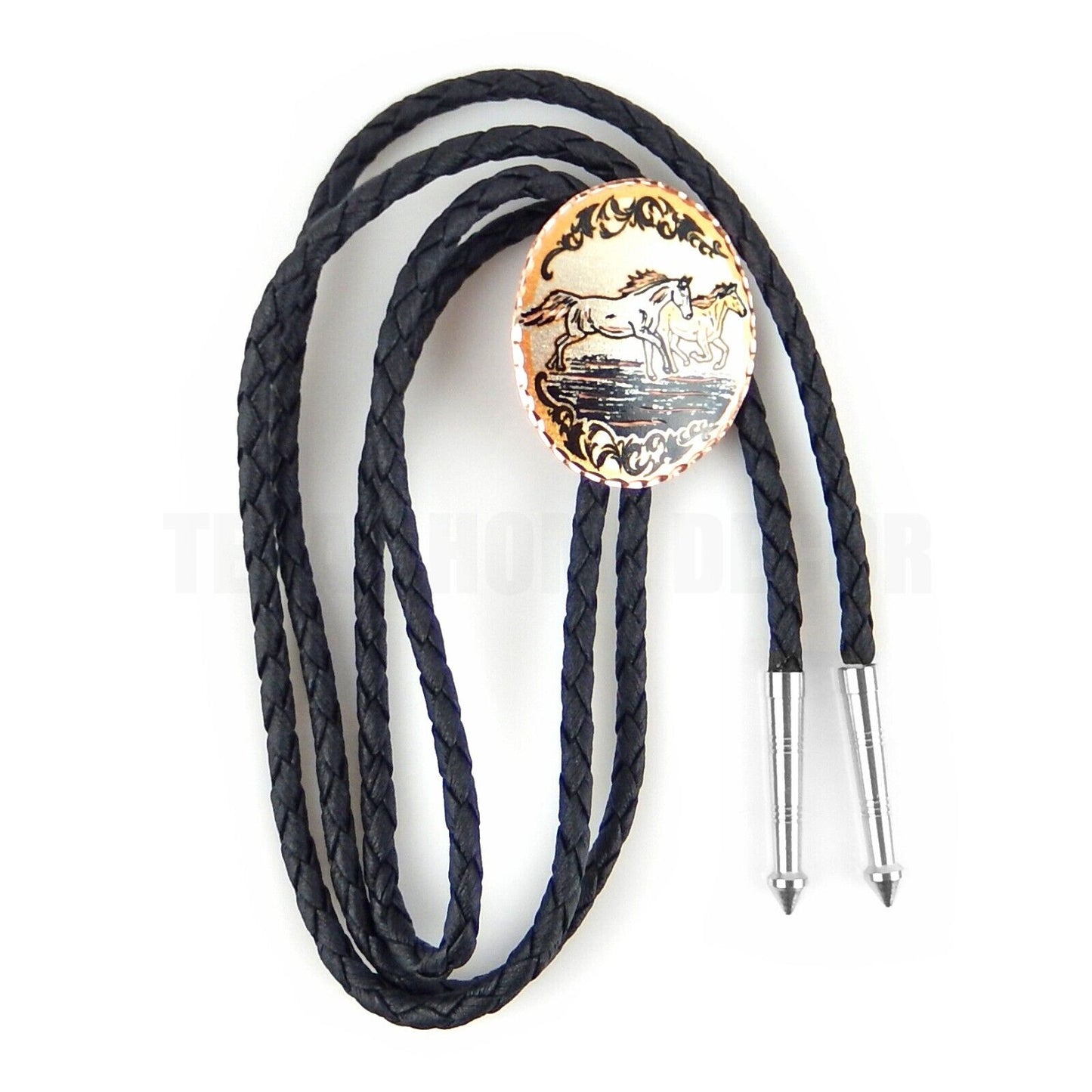 Running Horses Bolo Tie Silver Plated Copper Oval Diamond Cuts 38" Cord USA Made