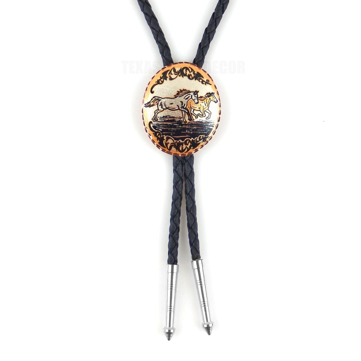 Running Horses Bolo Tie Silver Plated Copper Oval Diamond Cuts 38" Cord USA Made