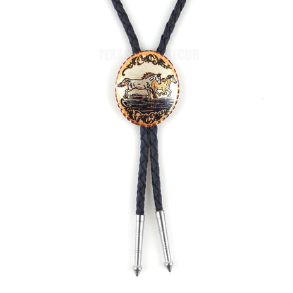 Running Horses Bolo Tie Silver Plated Copper Oval Diamond Cuts 38" Cord USA Made