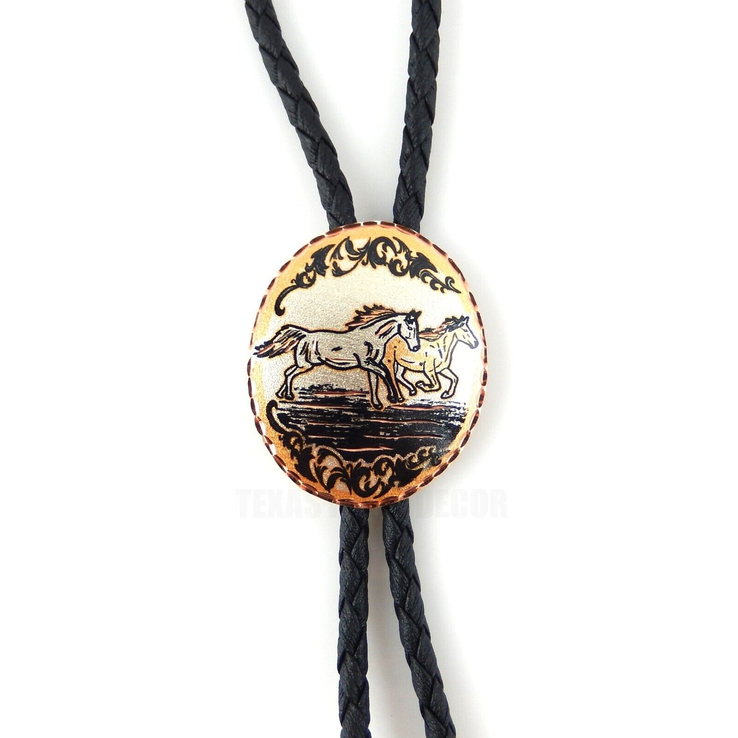 Running Horses Bolo Tie Silver Plated Copper Oval Diamond Cuts 38" Cord USA Made