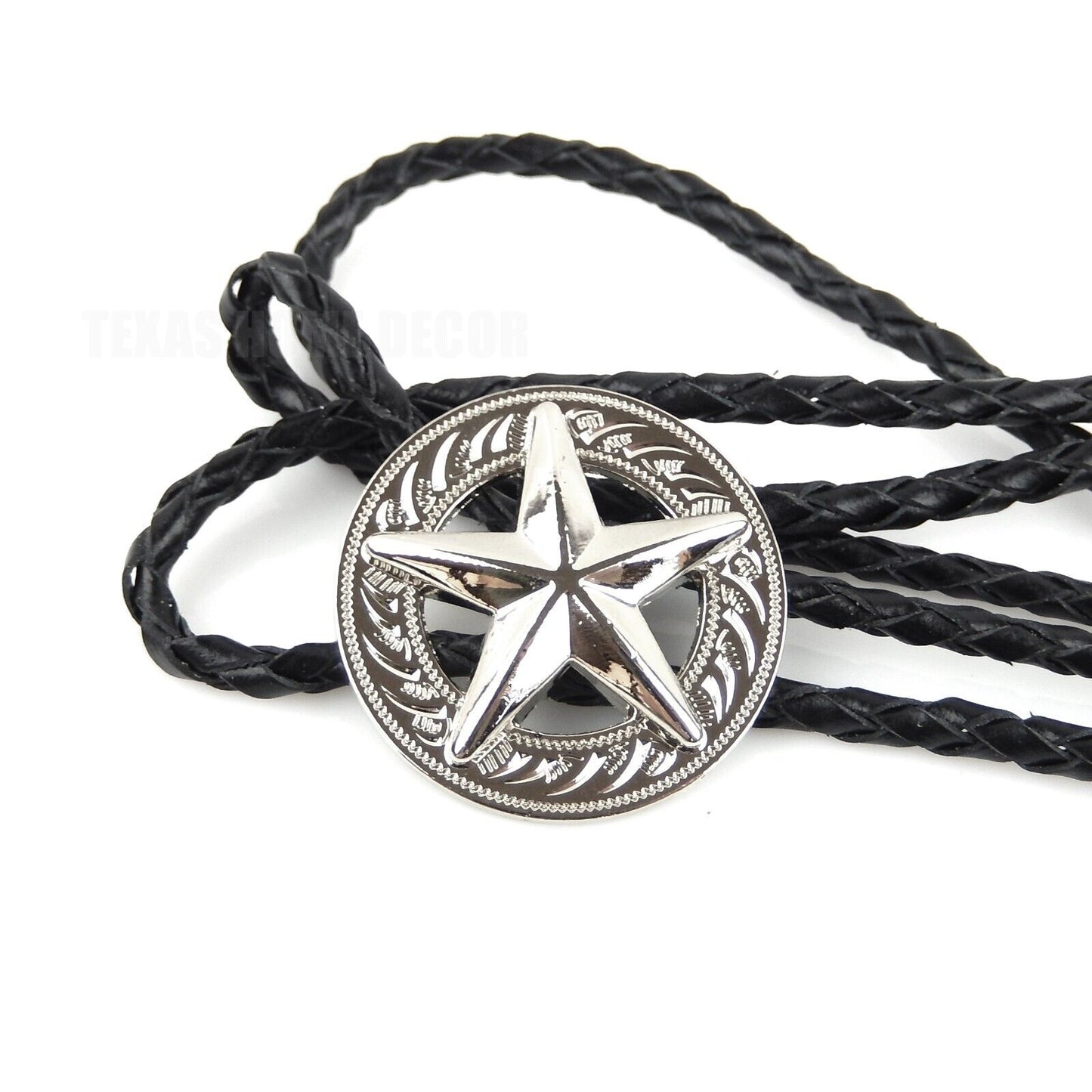 Texas Star Silver Concho Western Bolo Tie 40" Adjustable Genuine Leather Cord