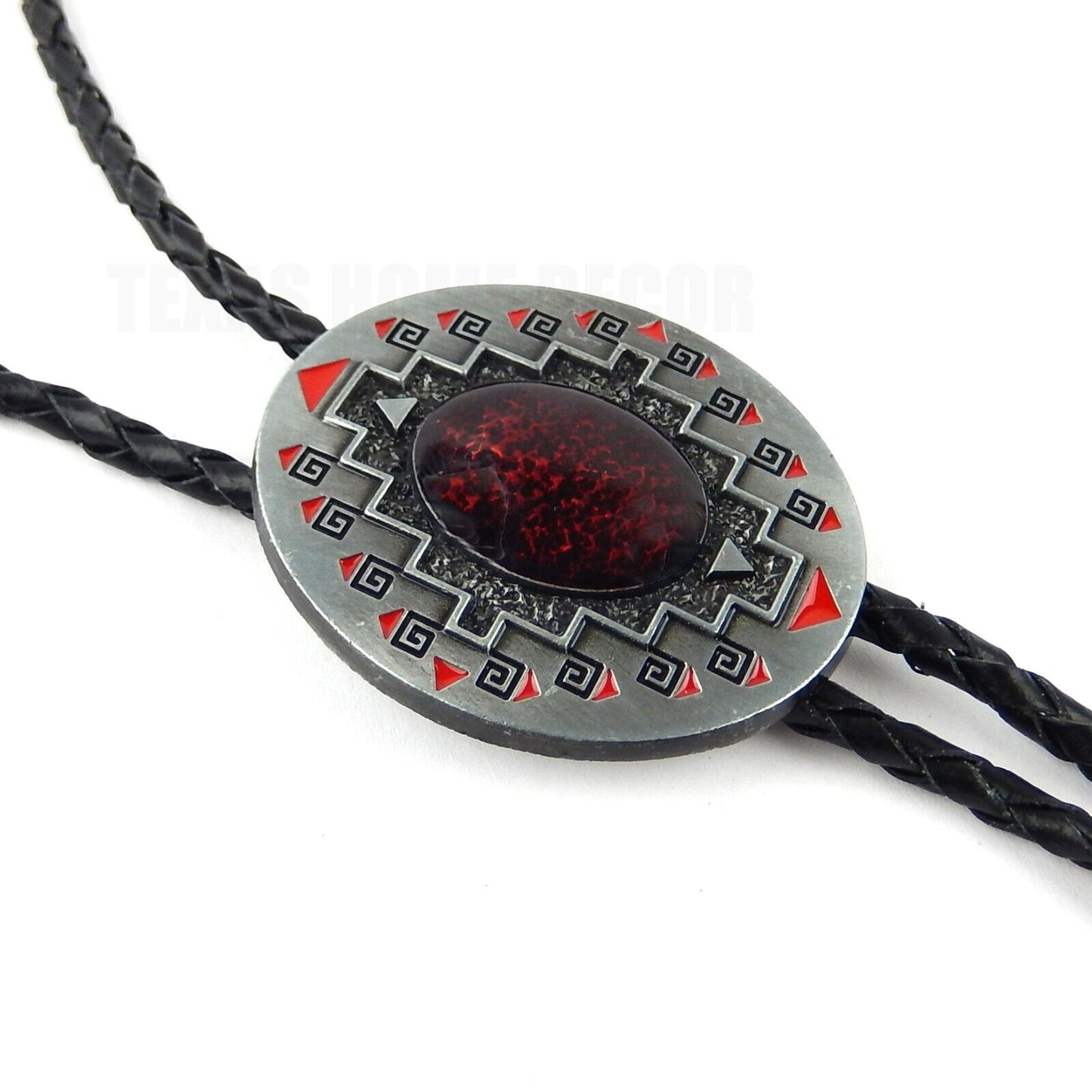Red Oval Bolo Tie 40" Adjustable Genuine Leather Cord Enamel Antique Silver Tone