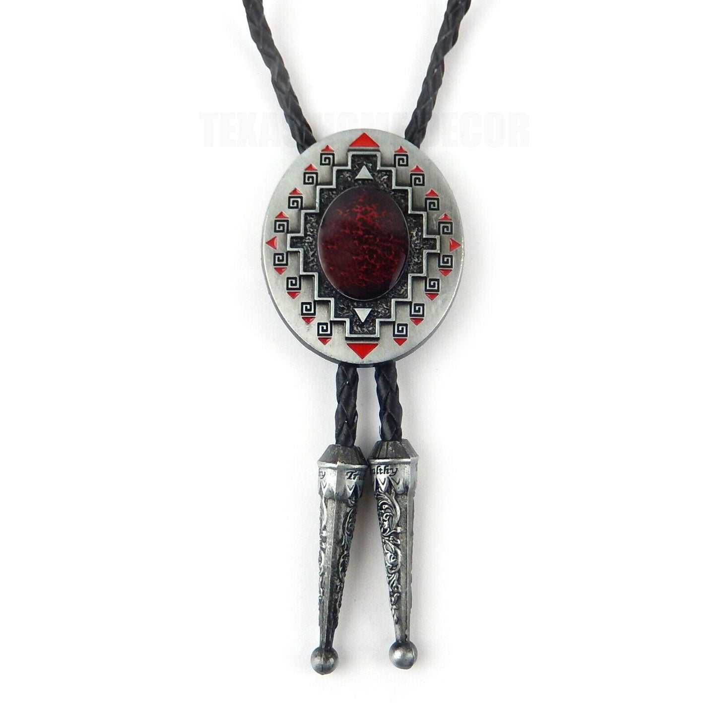 Red Oval Bolo Tie 40" Adjustable Genuine Leather Cord Enamel Antique Silver Tone