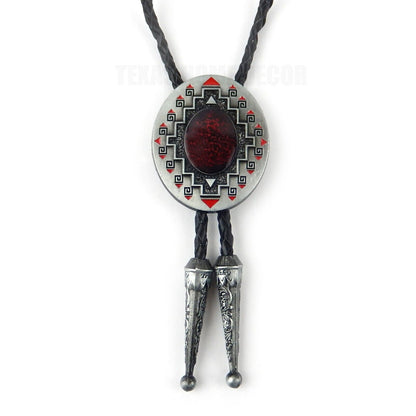 Red Oval Bolo Tie 40" Adjustable Genuine Leather Cord Enamel Antique Silver Tone