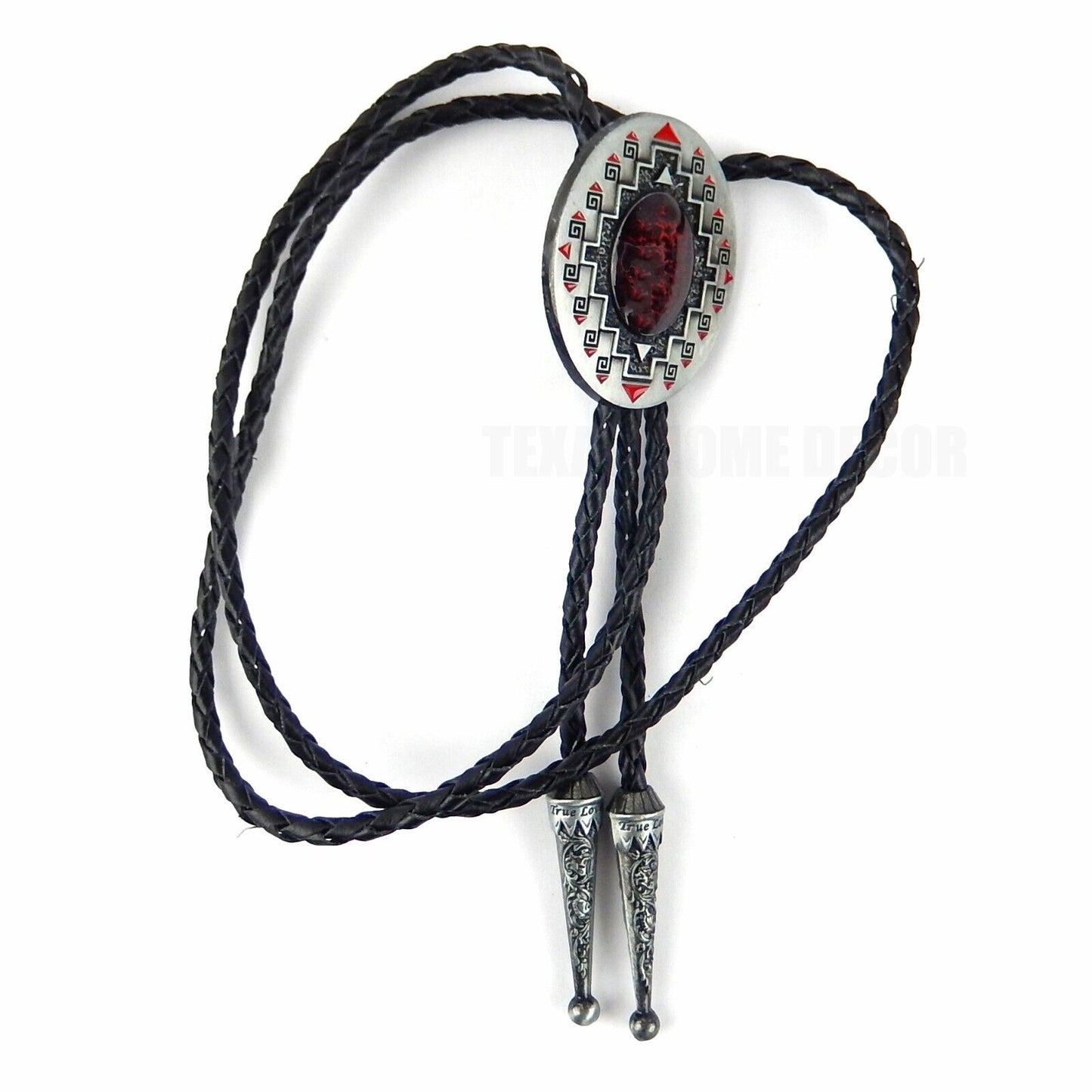 Red Oval Bolo Tie 40" Adjustable Genuine Leather Cord Enamel Antique Silver Tone