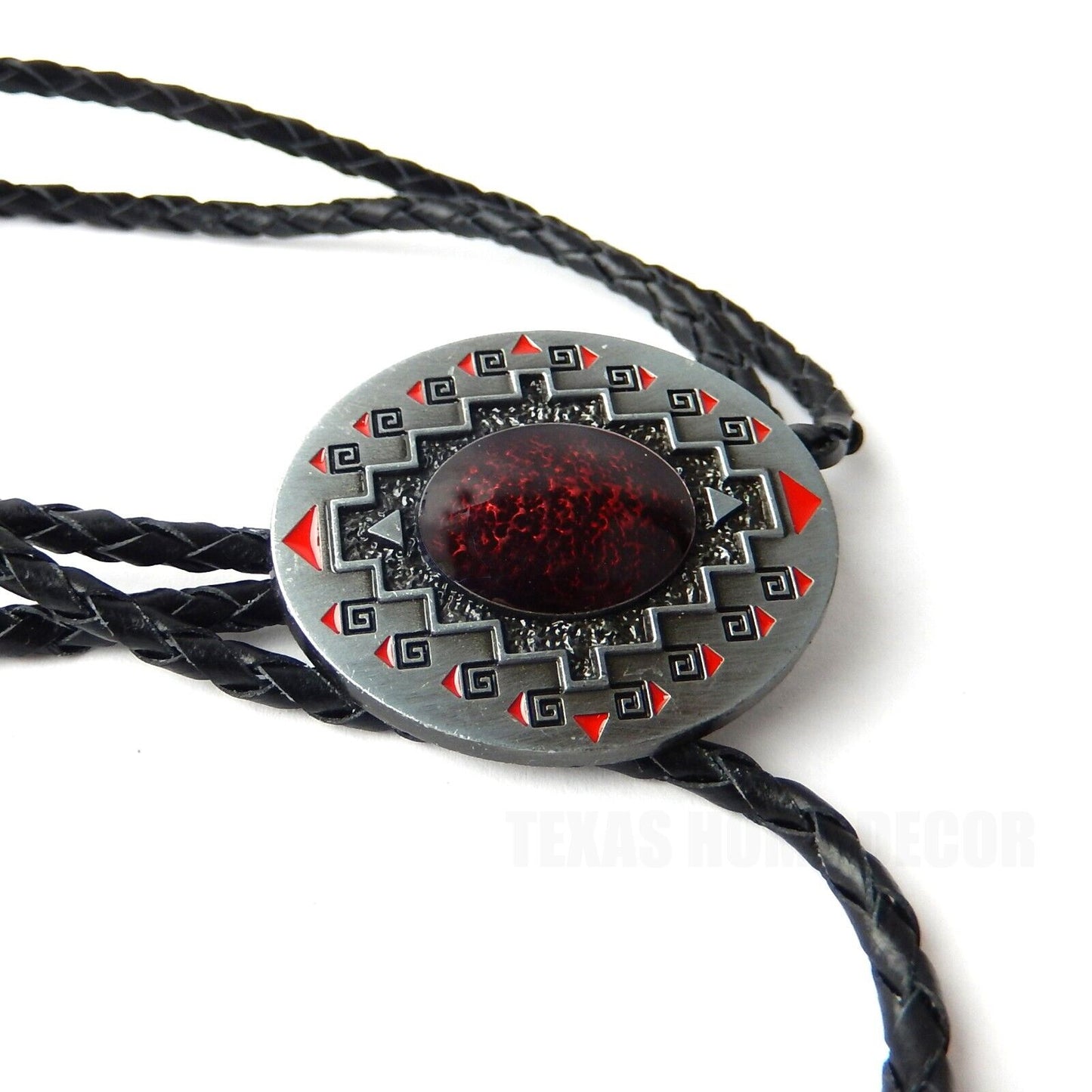 Red Oval Bolo Tie 40" Adjustable Genuine Leather Cord Enamel Antique Silver Tone