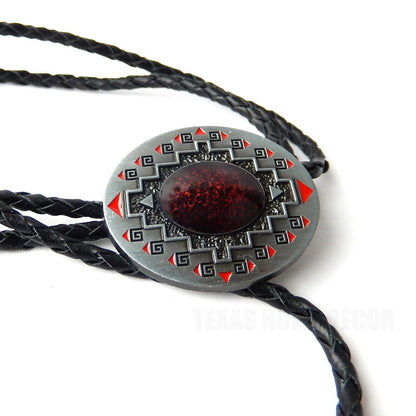 Red Oval Bolo Tie 40" Adjustable Genuine Leather Cord Enamel Antique Silver Tone