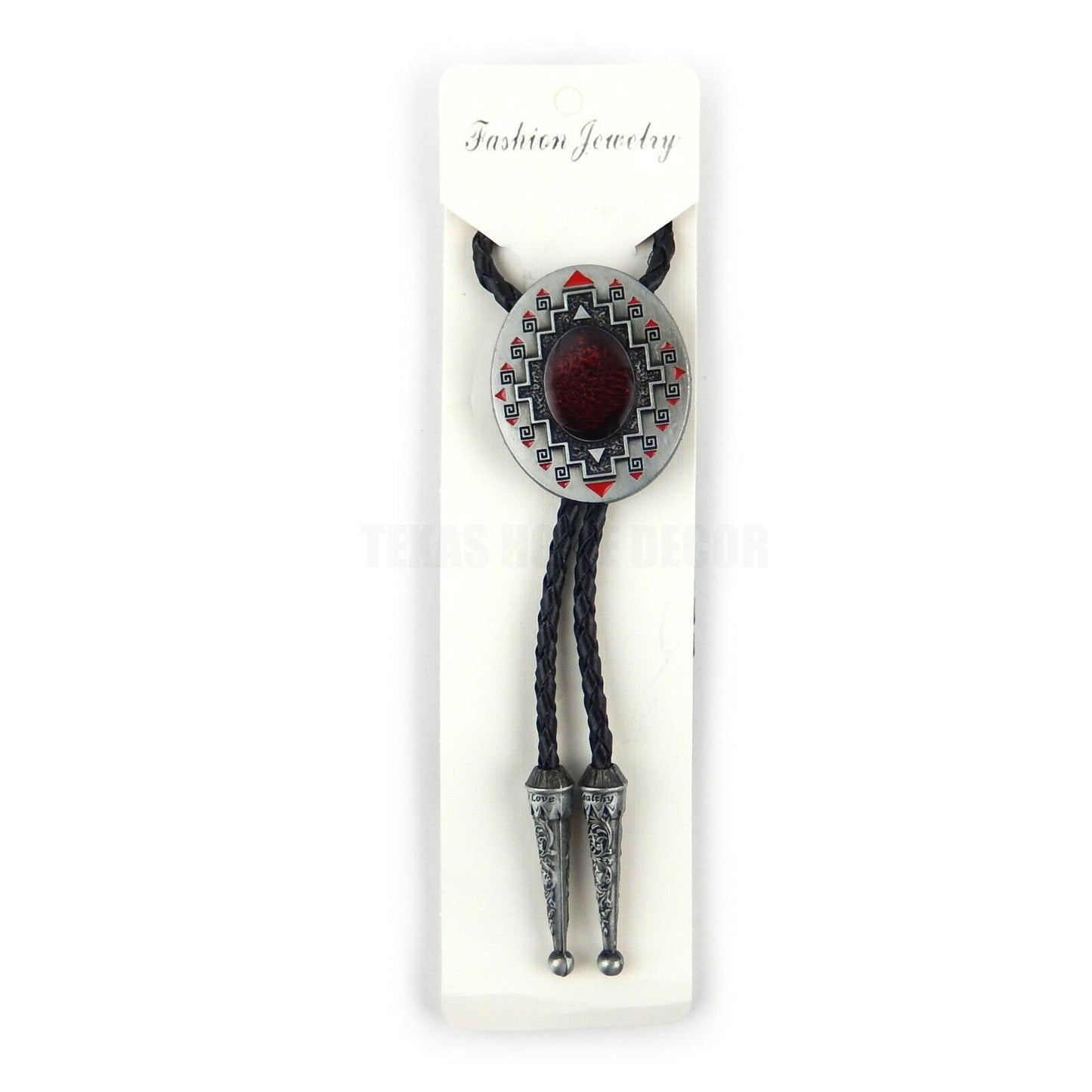 Red Oval Bolo Tie 40" Adjustable Genuine Leather Cord Enamel Antique Silver Tone