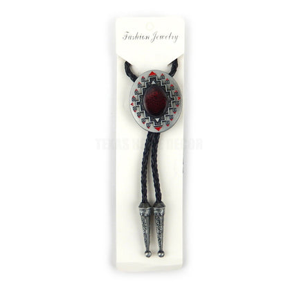 Red Oval Bolo Tie 40" Adjustable Genuine Leather Cord Enamel Antique Silver Tone