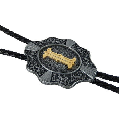 Initial Letter "I" Bolo Tie Western 38" Genuine  Leather Cord Detailed Tips