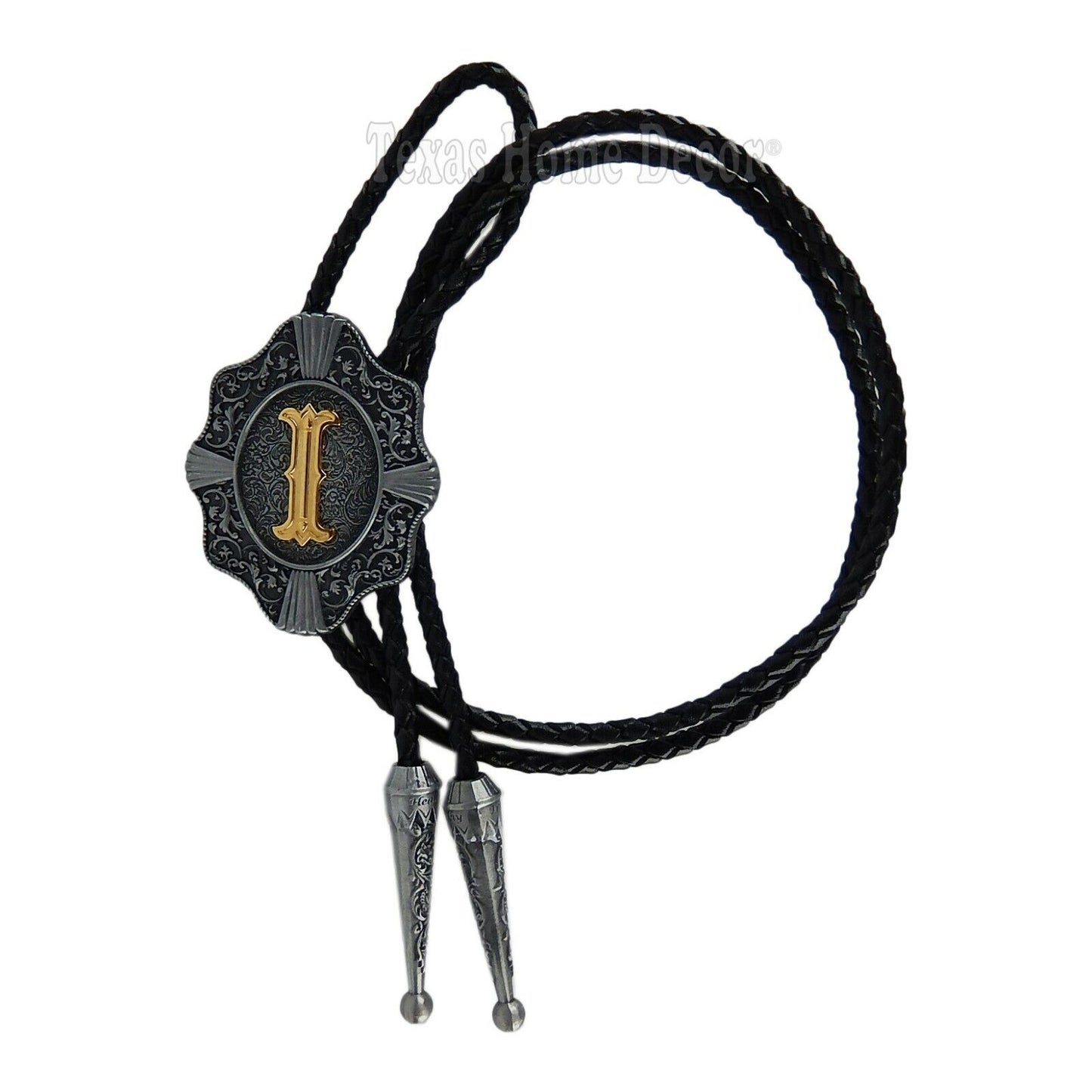 Initial Letter "I" Bolo Tie Western 38" Genuine  Leather Cord Detailed Tips