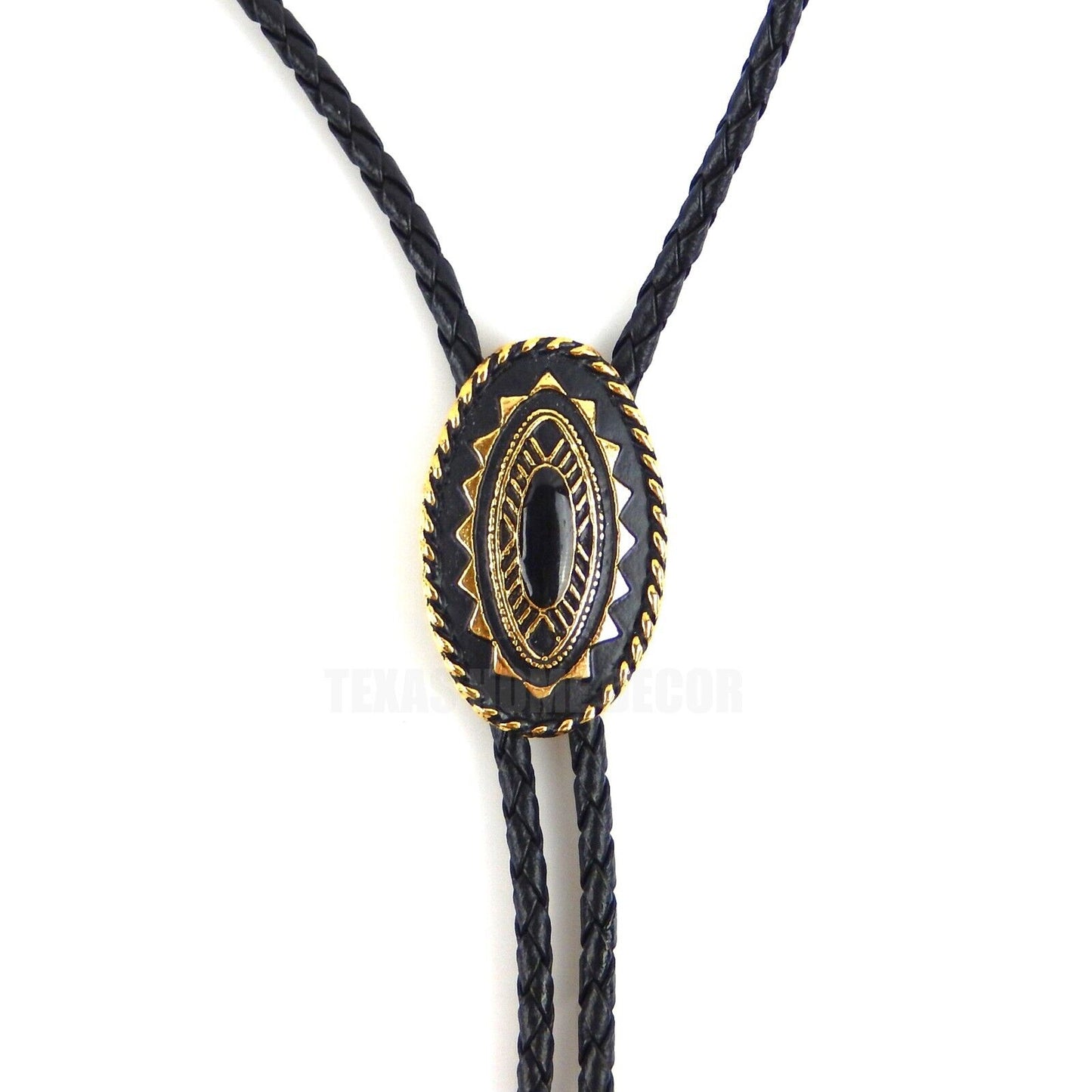 Oval Bolo Tie Real Gold Plated 36" Adjustable Braided Black Cord Made In USA