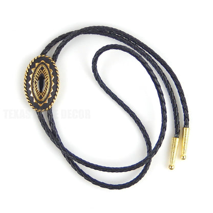 Oval Bolo Tie Real Gold Plated 36" Adjustable Braided Black Cord Made In USA