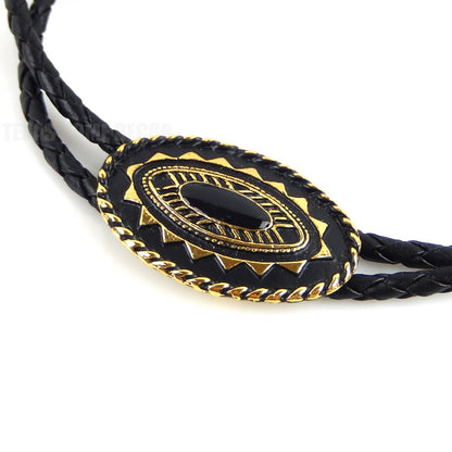 Oval Bolo Tie Real Gold Plated 36" Adjustable Braided Black Cord Made In USA