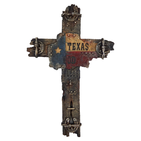 God Bless Texas Decorative Wall Cross Rustic Horseshoe Flag Barbwire Nails