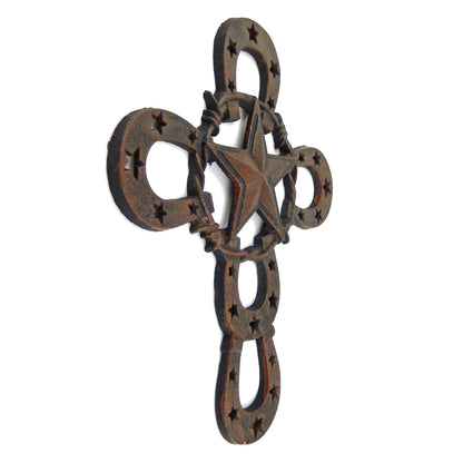 Cast Iron Rustic Texas Star Horseshoes Barbed Wire Wall Cross Heavy Duty 13 inch