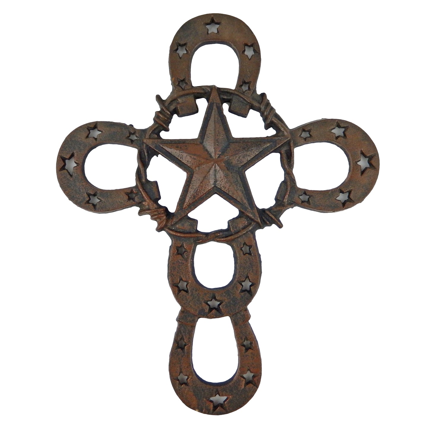 Cast Iron Rustic Texas Star Horseshoes Barbed Wire Wall Cross Heavy Duty 13 inch