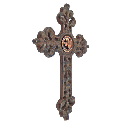 Fleur De Lis Cast Iron Wall Cross Copper Texas Map Cowboy Horse Concho 9 inch