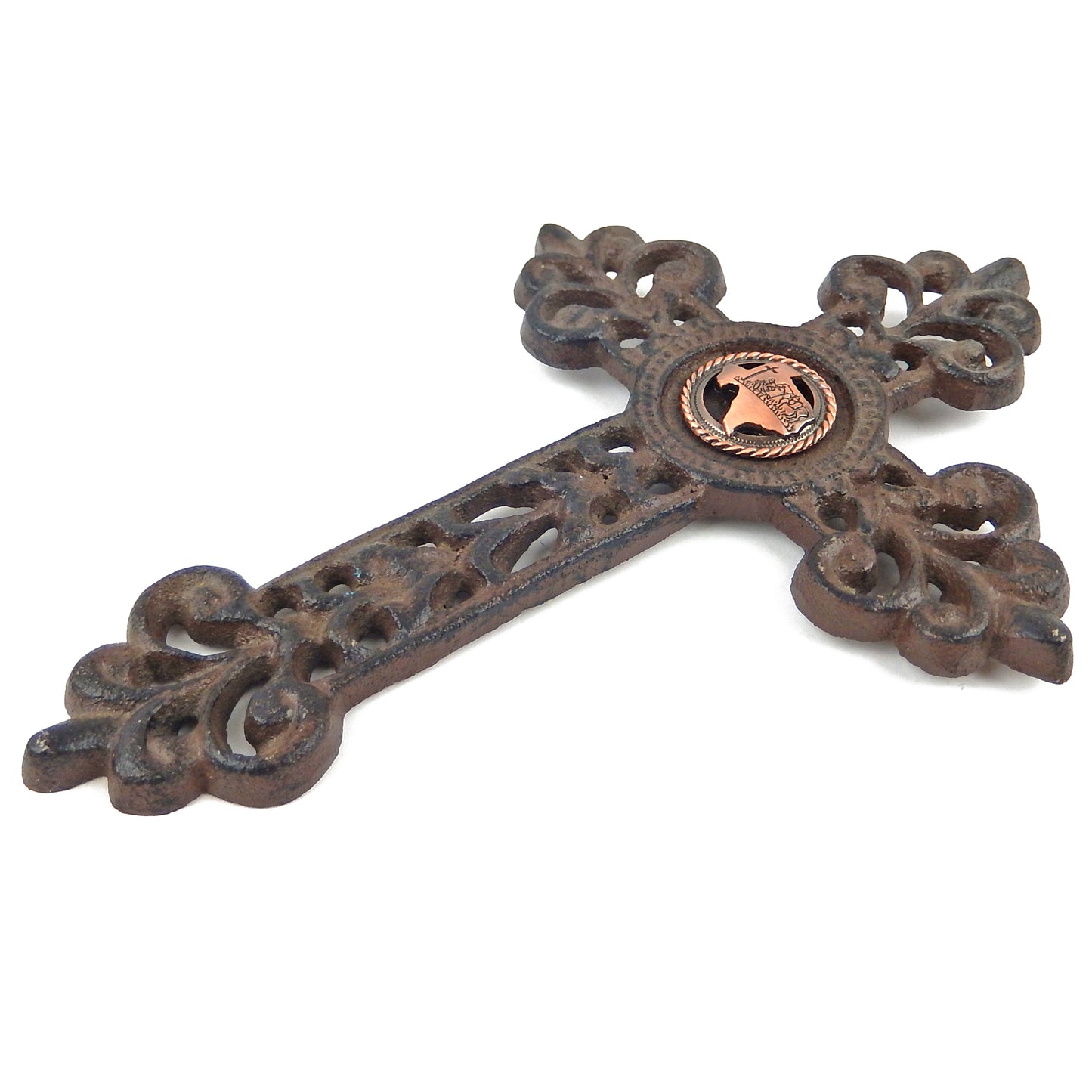 Fleur De Lis Cast Iron Wall Cross Copper Texas Map Cowboy Horse Concho 9 inch