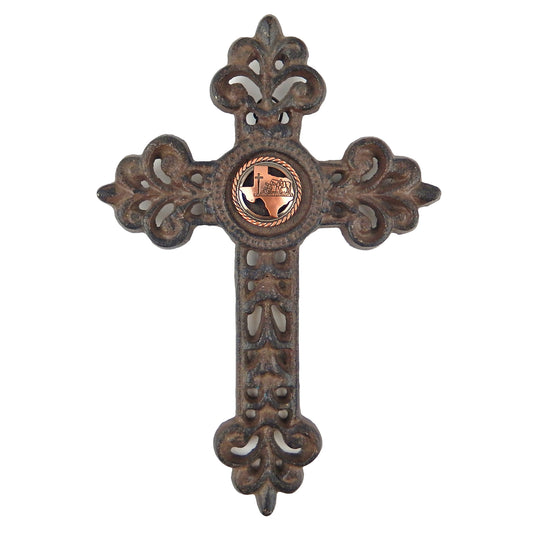 Fleur De Lis Cast Iron Wall Cross Copper Texas Map Cowboy Horse Concho 9 inch