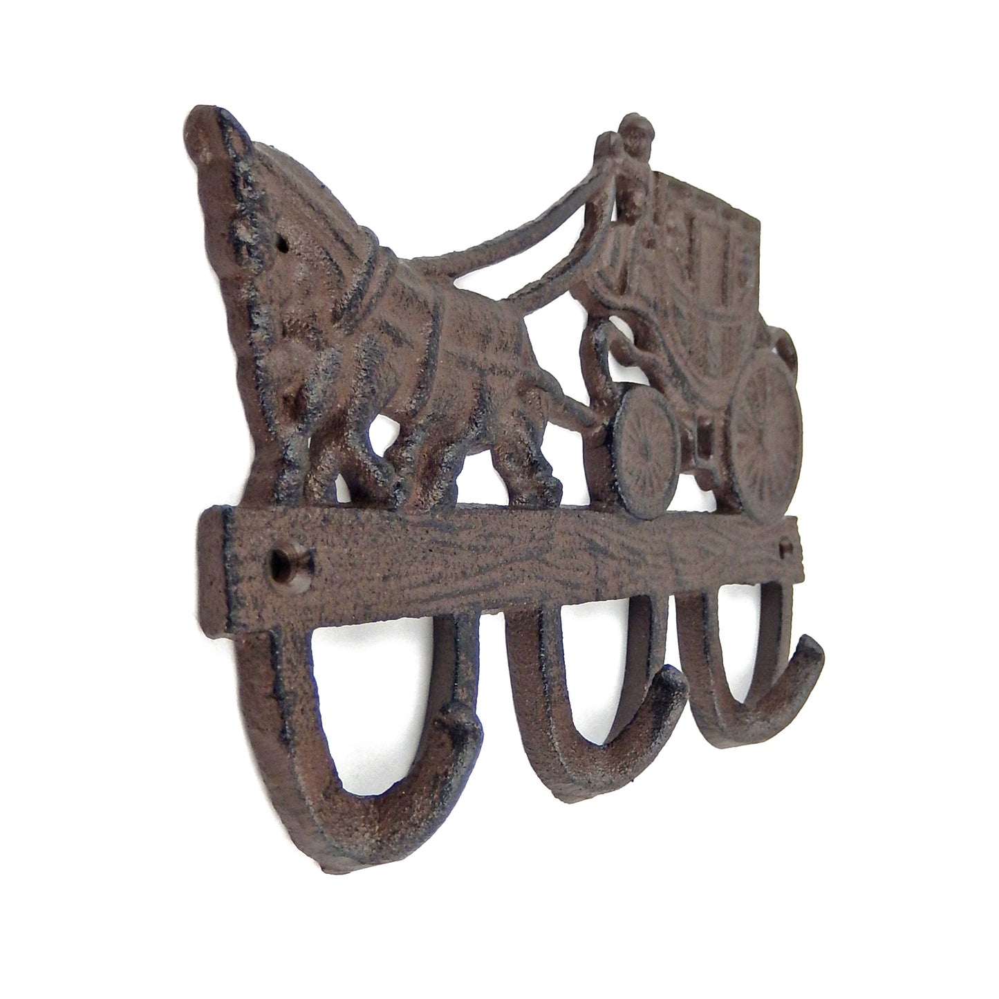 Cast Iron Stagecoach Horse Triple Wall Hook Rack Key Towel Coat Hanger Brown