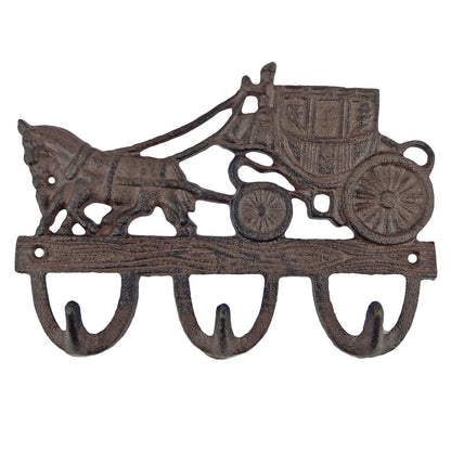 Cast Iron Stagecoach Horse Triple Wall Hook Rack Key Towel Coat Hanger Brown