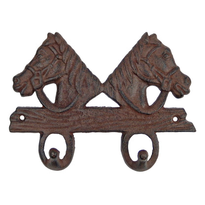 Cast Iron Western Double Horse Head Wall Hook Rack Key Towel Coat Hanger Brown