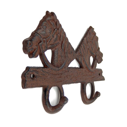 Cast Iron Western Double Horse Head Wall Hook Rack Key Towel Coat Hanger Brown