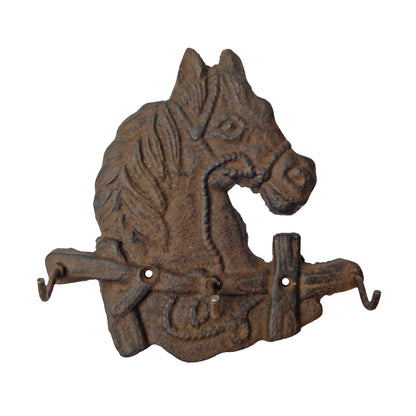 Cast Iron Western Horse Head Stable Wall Key Hanger Hook Rack Rusted Brown