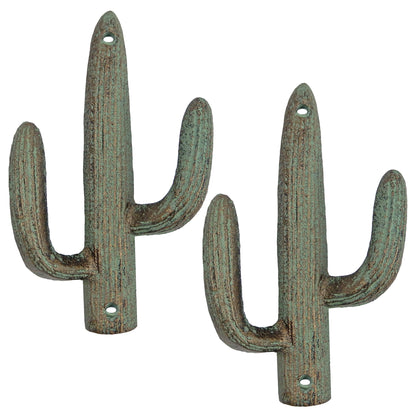 2 Cast Iron Green Gold Cactus Double Wall Hook Southwest Coat Towel Purse Hanger