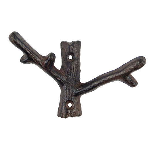 Tree Branch Double Wall Hook Cast Iron Towel Coat Hat Hanger Rustic Brown