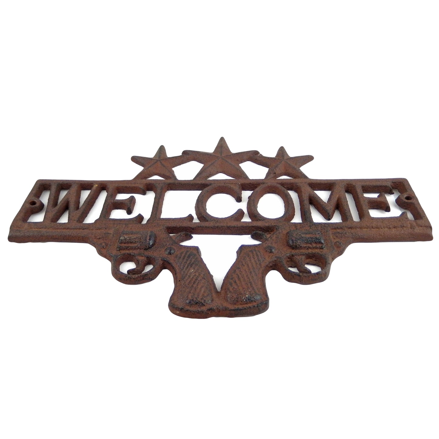 Gun Welcome Sign Pistols Porch Plaque Rustic Cast Iron Western Decor 12 3/4 inch