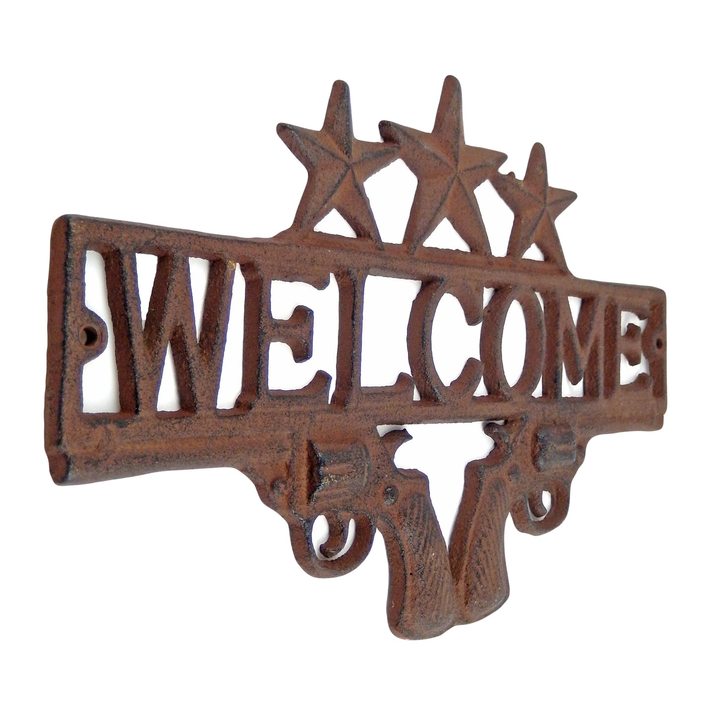 Gun Welcome Sign Pistols Porch Plaque Rustic Cast Iron Western Decor 12 3/4 inch