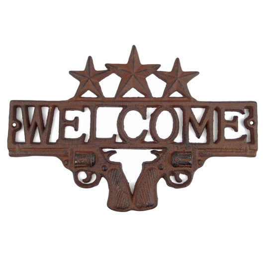 Gun Welcome Sign Pistols Porch Plaque Rustic Cast Iron Western Decor 12 3/4 inch