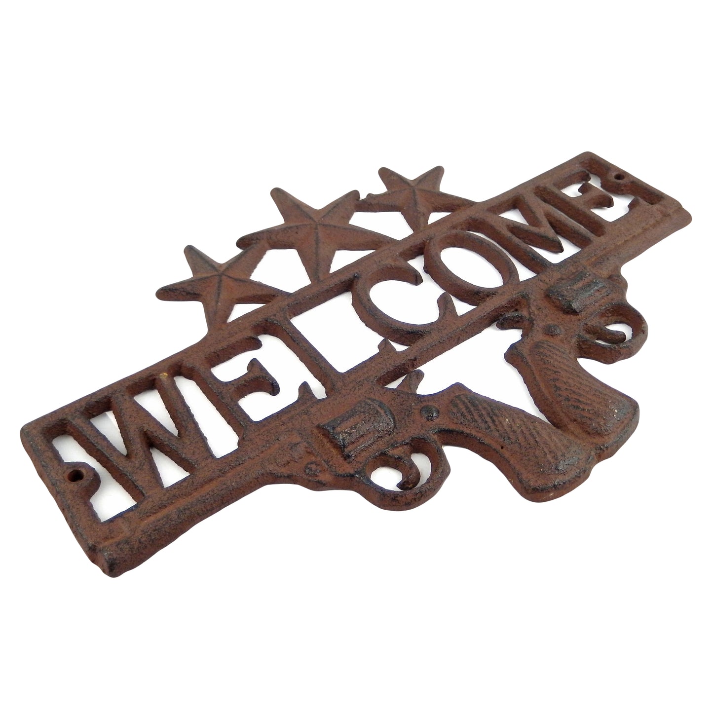 Gun Welcome Sign Pistols Porch Plaque Rustic Cast Iron Western Decor 12 3/4 inch