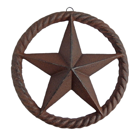 Heavy Cast Iron Rustic Texas Barn Star Rope Ring Western Wall Decor Brown 8 inch