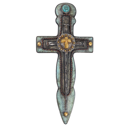 Extra Large Western Turquoise Wall Cross Concho Floral Accents Stitched Look 22 inch
