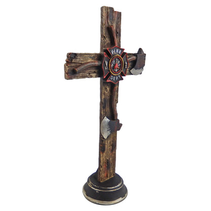 Fireman Standing Cross Axes Maltese Firefighter Wood Look Emblem 13 in Tall