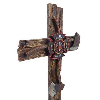 Fireman Standing Cross Axes Maltese Firefighter Wood Look Emblem 13 in Tall