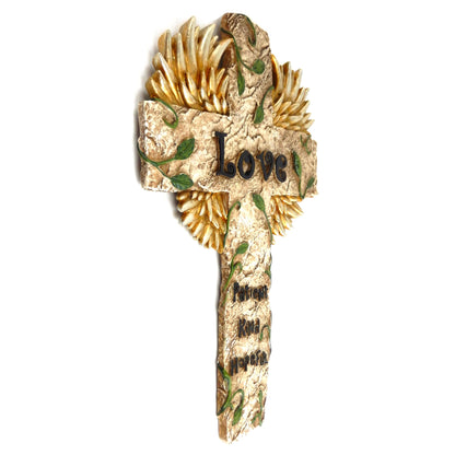 Golden Love Angel Wings Wall Cross Stone Look Leaf "Patient Kind Hopeful" 13 in