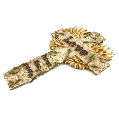 Golden Love Angel Wings Wall Cross Stone Look Leaf "Patient Kind Hopeful" 13 in