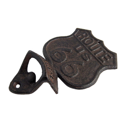 Cast Iron Historic US Route 66 Beer Soda Bottle Opener Wall Mount Antique Brown