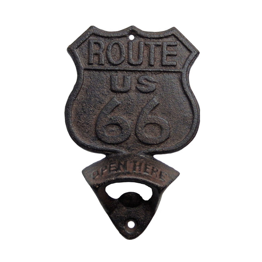 Cast Iron Historic US Route 66 Beer Soda Bottle Opener Wall Mount Antique Brown