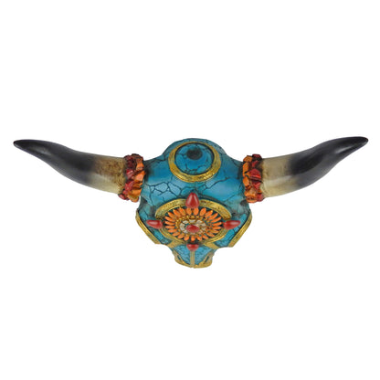 Southwestern Adorned Cow Skull Steer Head Wall Decor Turquoise Gold Accents