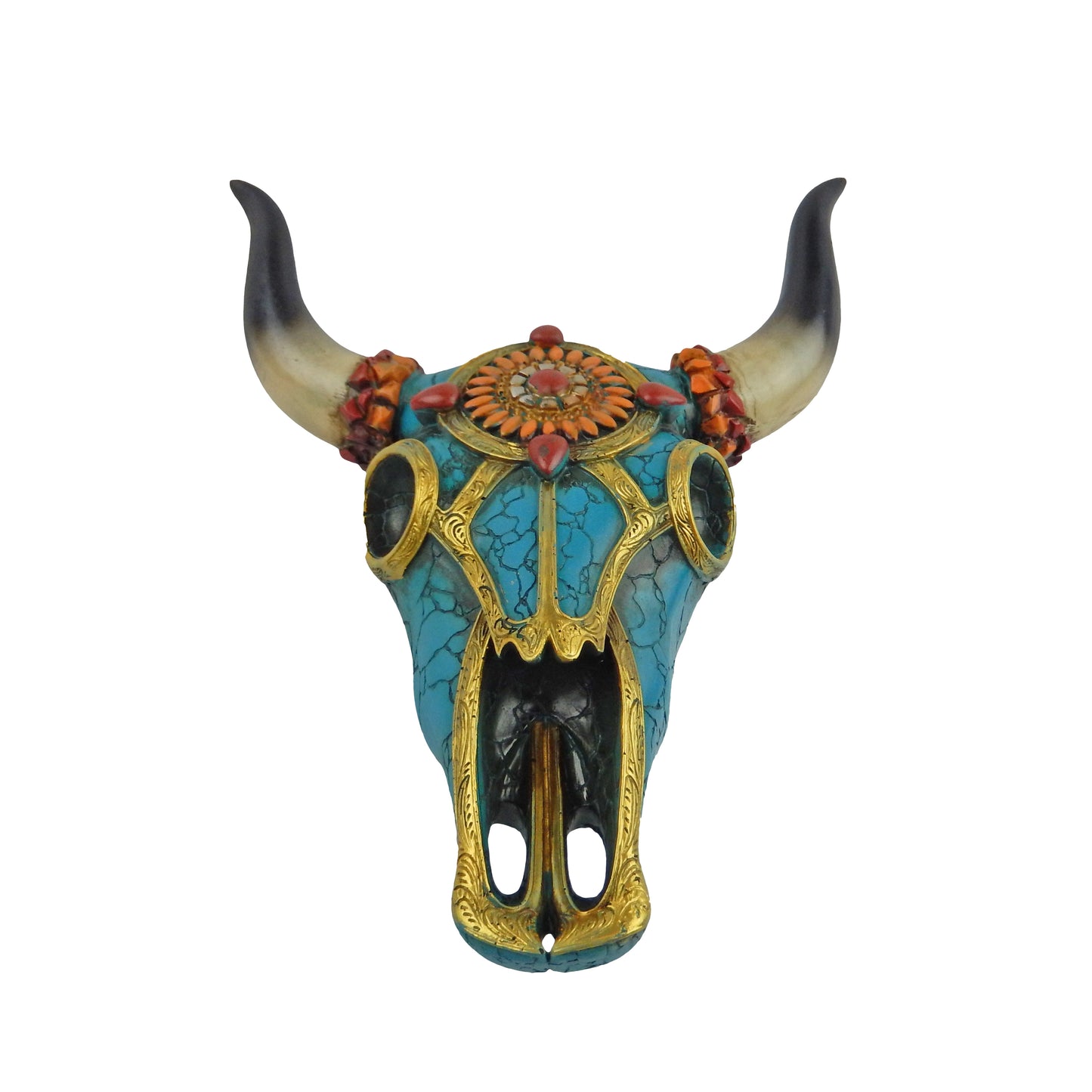 Southwestern Adorned Cow Skull Steer Head Wall Decor Turquoise Gold Accents
