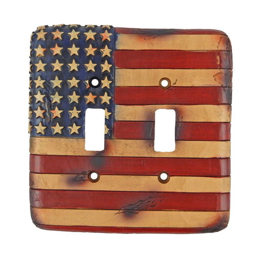 American U.S.A Flag Double Switch Toggle Wall Plate Cover Rustic Faux Wood Look